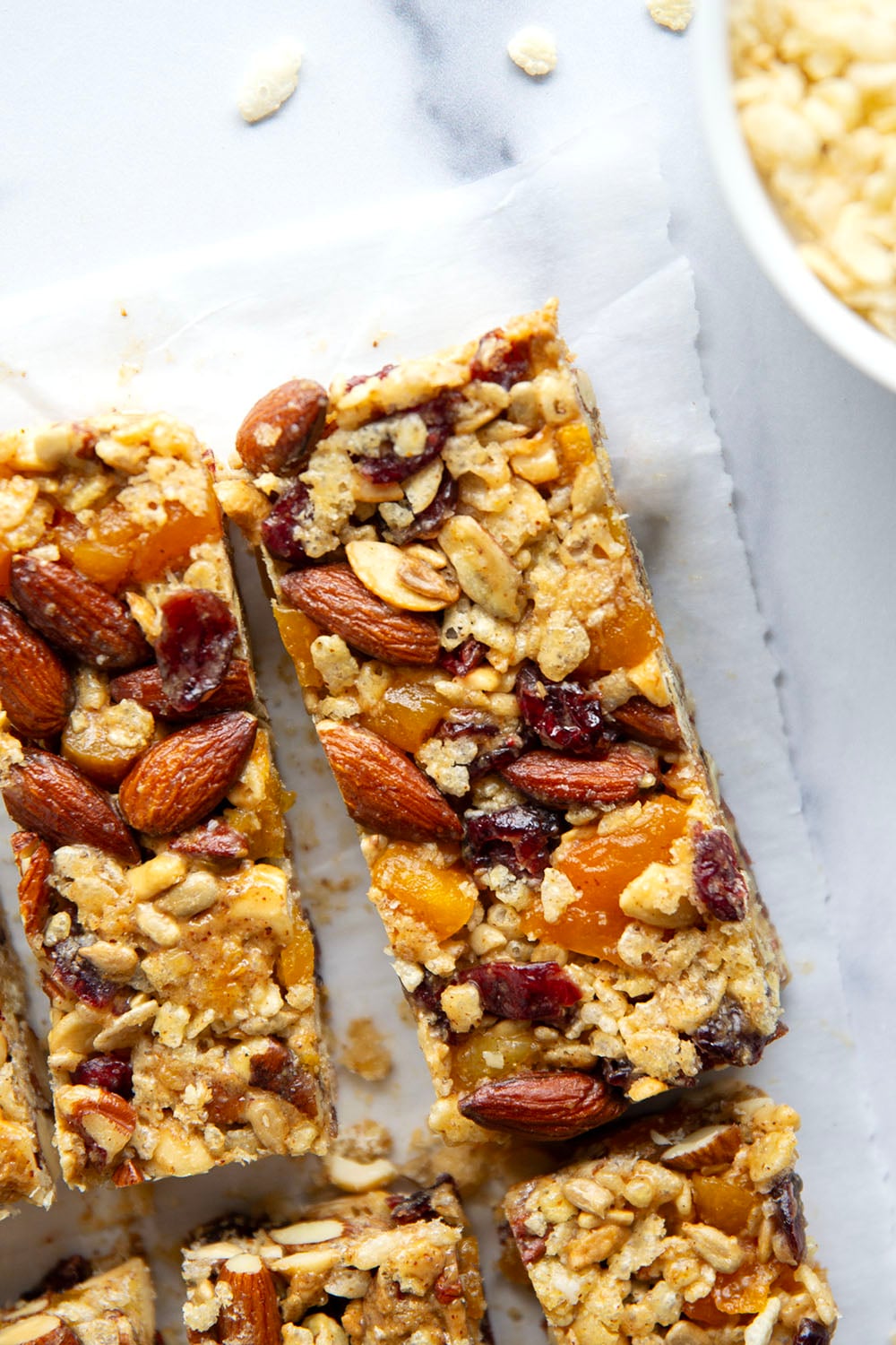 These fruit and nut bars are a breeze to whip up with no baking required and are chock full of texture from 3 kinds of nuts and lots of dried fruit.
