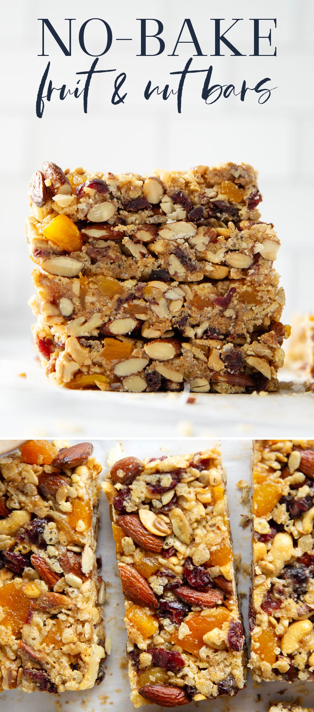 These fruit and nut bars are a breeze to whip up with no baking required and are chock full of texture from 3 kinds of nuts and lots of dried fruit.