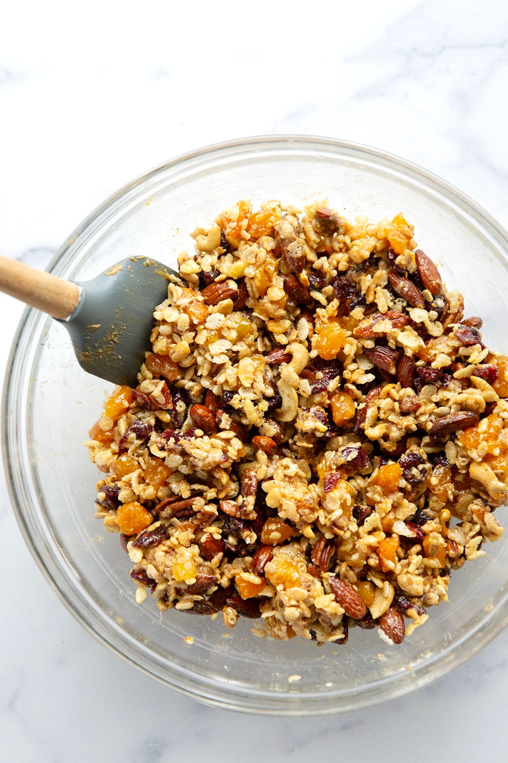 These fruit and nut bars are a breeze to whip up with no baking required and are chock full of texture from 3 kinds of nuts and lots of dried fruit.