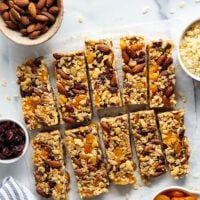 These fruit and nut bars are a breeze to whip up with no baking required and are chock full of texture from 3 kinds of nuts and lots of dried fruit.