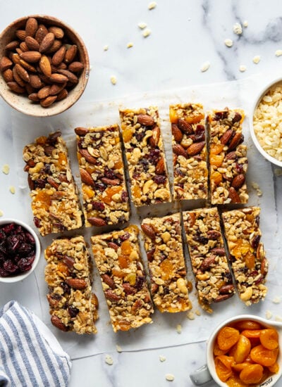 These fruit and nut bars are a breeze to whip up with no baking required and are chock full of texture from 3 kinds of nuts and lots of dried fruit.