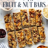 These fruit and nut bars are a breeze to whip up with no baking required and are chock full of texture from 3 kinds of nuts and lots of dried fruit.