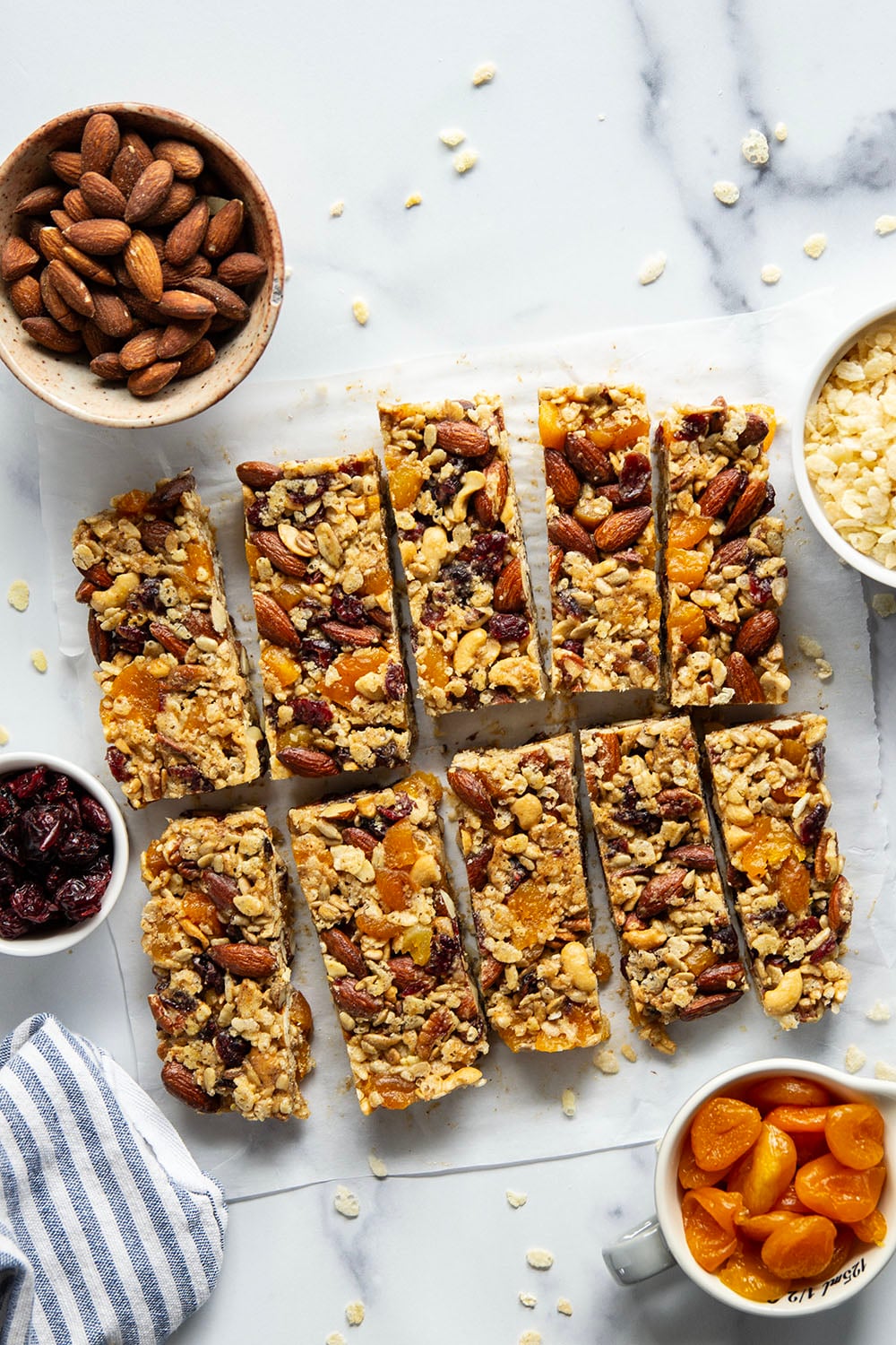 These fruit and nut bars are a breeze to whip up with no baking required and are chock full of texture from 3 kinds of nuts and lots of dried fruit.