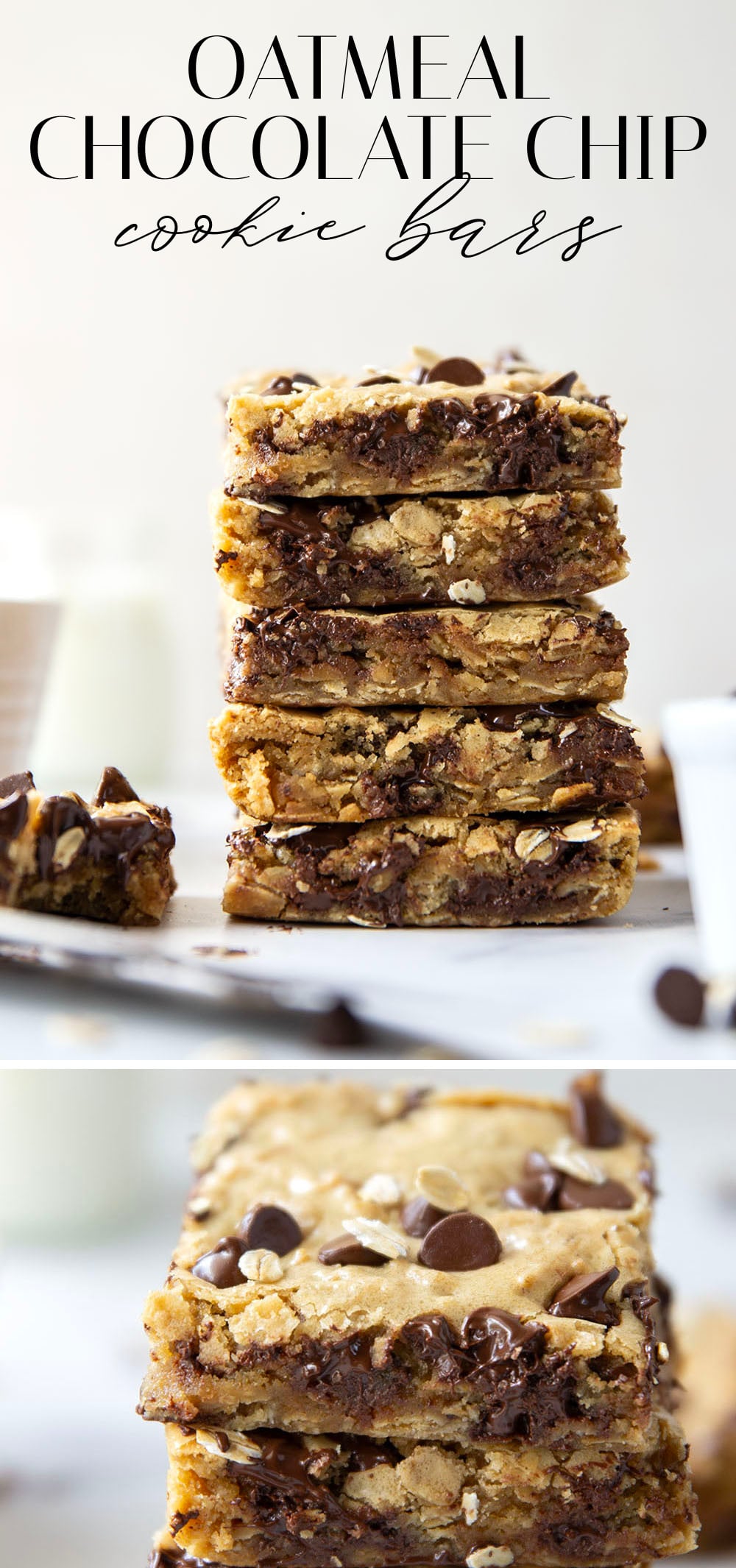 Jam-packed with tender oats and plenty of gooey chocolate, these oatmeal chocolate chip cookie bars have a soft and chewy texture thanks to browned butter and bake up in only 30 minutes.