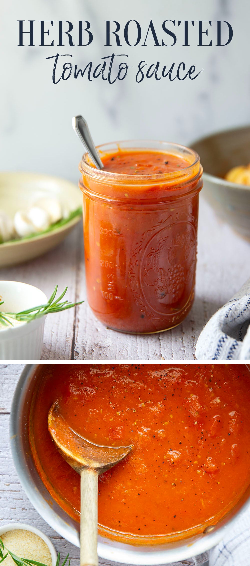 Slow-roasted in plenty of herbs and garlic, this roasted tomato sauce packs the absolute BEST flavors of summer! It's incredible with any kind of pasta and you can also freeze it.