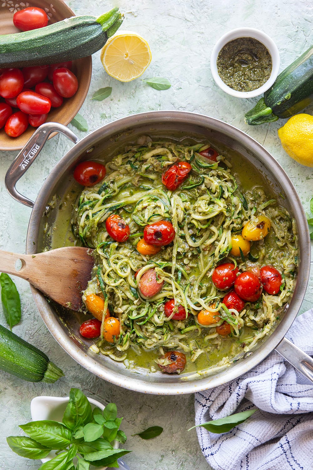 These pesto zucchini noodles come together in minutes with only a handful of summer ingredients and feature lots of flavorful pesto and tender seared scallops on top.