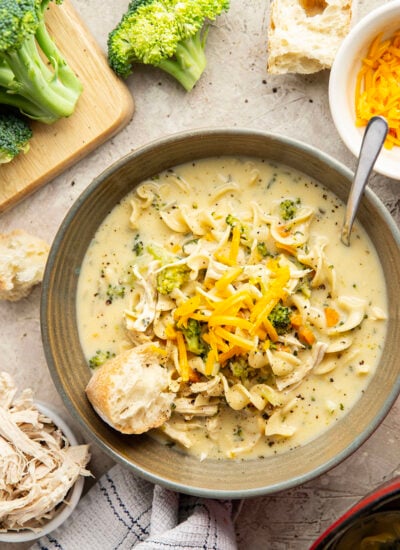 Classic broccoli cheddar soup and chicken noodle soup collide in this creamy, cheesy broccoli cheddar noodle soup that comes together in minutes with leftover chicken in only one pot.