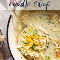 Classic broccoli cheddar soup and chicken noodle soup collide in this creamy, cheesy broccoli cheddar noodle soup that comes together in minutes with leftover chicken in only one pot.