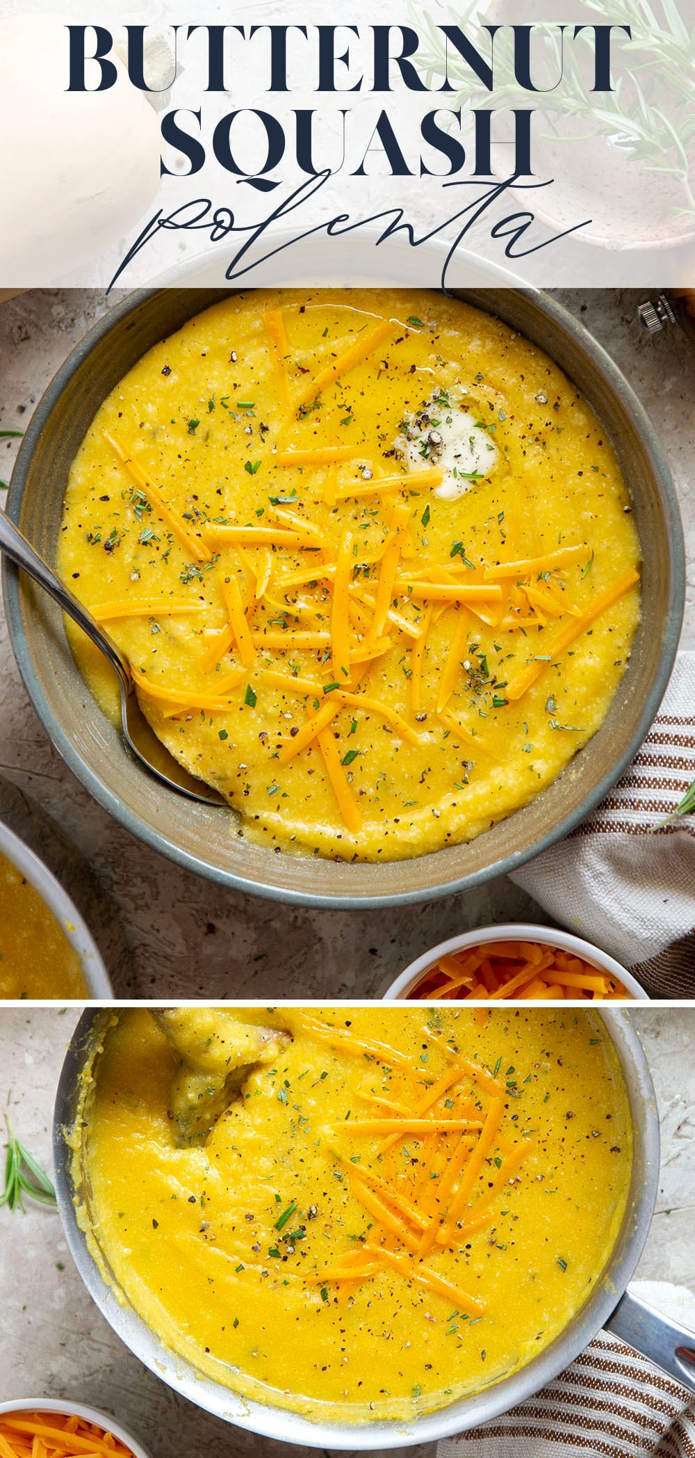 Sharp melted cheddar cheese and creamy homemade butternut squash puree make an incredible fall pairing in this rich and creamy butternut squash polenta.