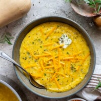 Sharp melted cheddar cheese and creamy homemade butternut squash puree make an incredible fall pairing in this rich and creamy butternut squash polenta.
