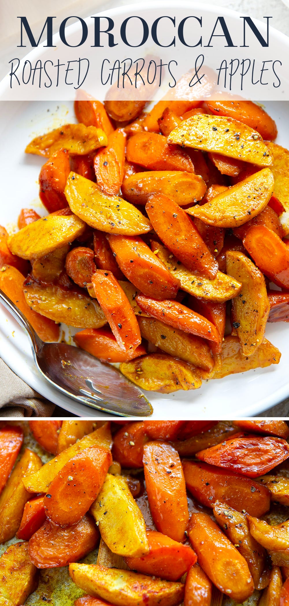 Roasted in maple syrup and warming Moroccan spices, these Moroccan roasted carrots and apples are an easy side dish that goes well with any fall meal.