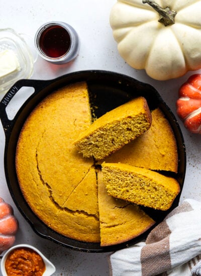 Plenty of fall spices and pumpkin collide in this soft and perfectly spiced pumpkin cornbread that pairs like a dream with a bowl of chili!