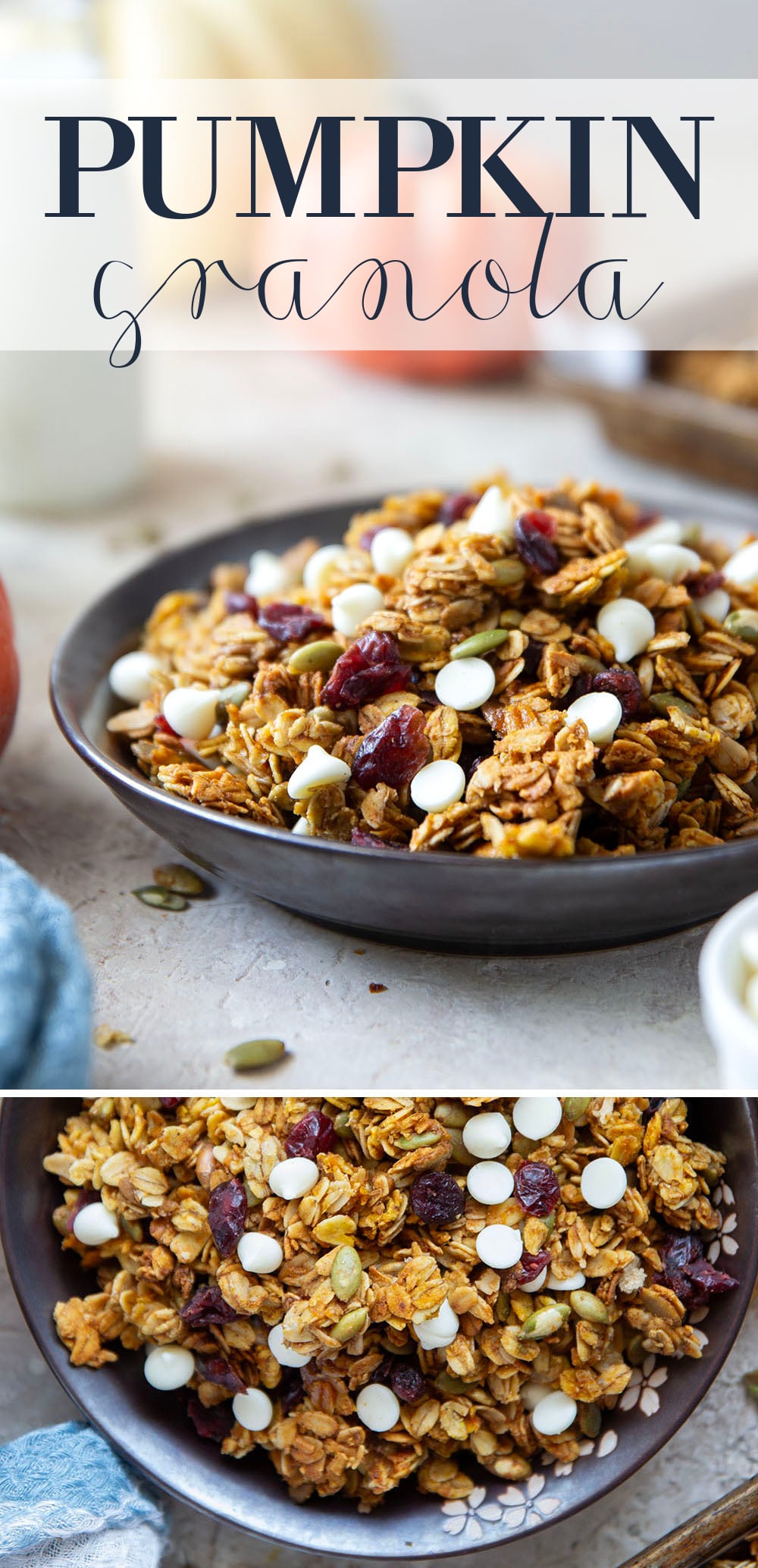 This crisp pumpkin granola has a delightful fall twist of warming spices, real pumpkin puree, white chocolate, and dried cranberries.