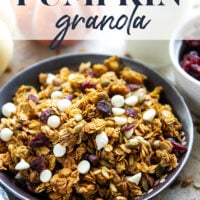This crisp pumpkin granola has a delightful fall twist of warming spices, real pumpkin puree, white chocolate, and dried cranberries.