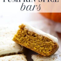 These pumpkin spice bars feature a soft, cake-like texture, lots of pumpkin spice goodness, and a silky cream cheese frosting on top.