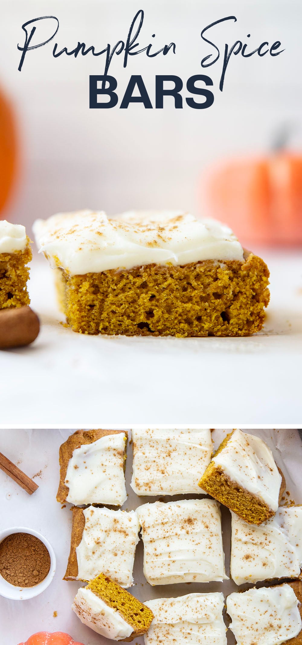 These pumpkin spice bars feature a soft, cake-like texture, lots of pumpkin spice goodness, and a silky cream cheese frosting on top.