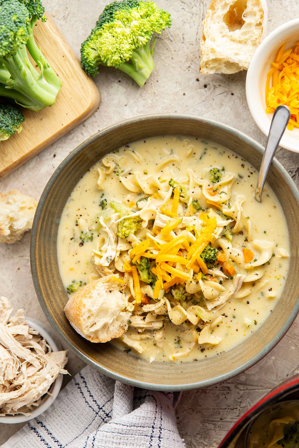 Classic broccoli cheddar soup and chicken noodle soup collide in this creamy, cheesy broccoli cheddar noodle soup that comes together in minutes with leftover chicken in only one pot.