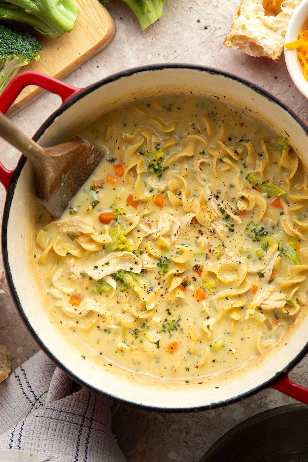 Classic broccoli cheddar soup and chicken noodle soup collide in this creamy, cheesy broccoli cheddar noodle soup that comes together in minutes with leftover chicken in only one pot.