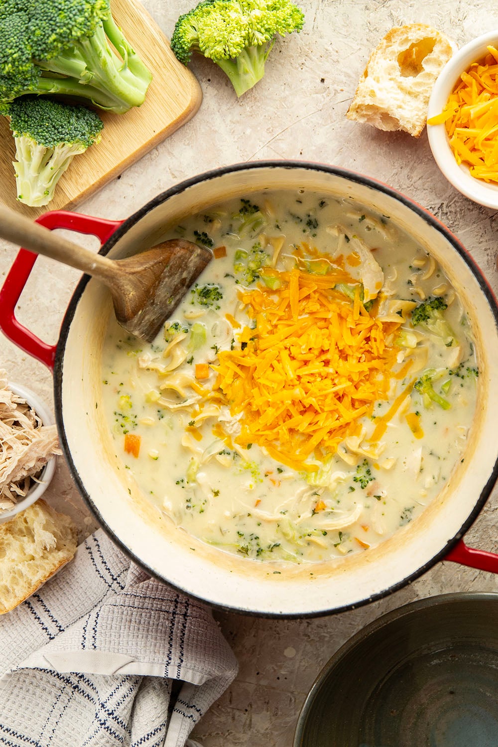 Classic broccoli cheddar soup and chicken noodle soup collide in this creamy, cheesy broccoli cheddar noodle soup that comes together in minutes with leftover chicken in only one pot.