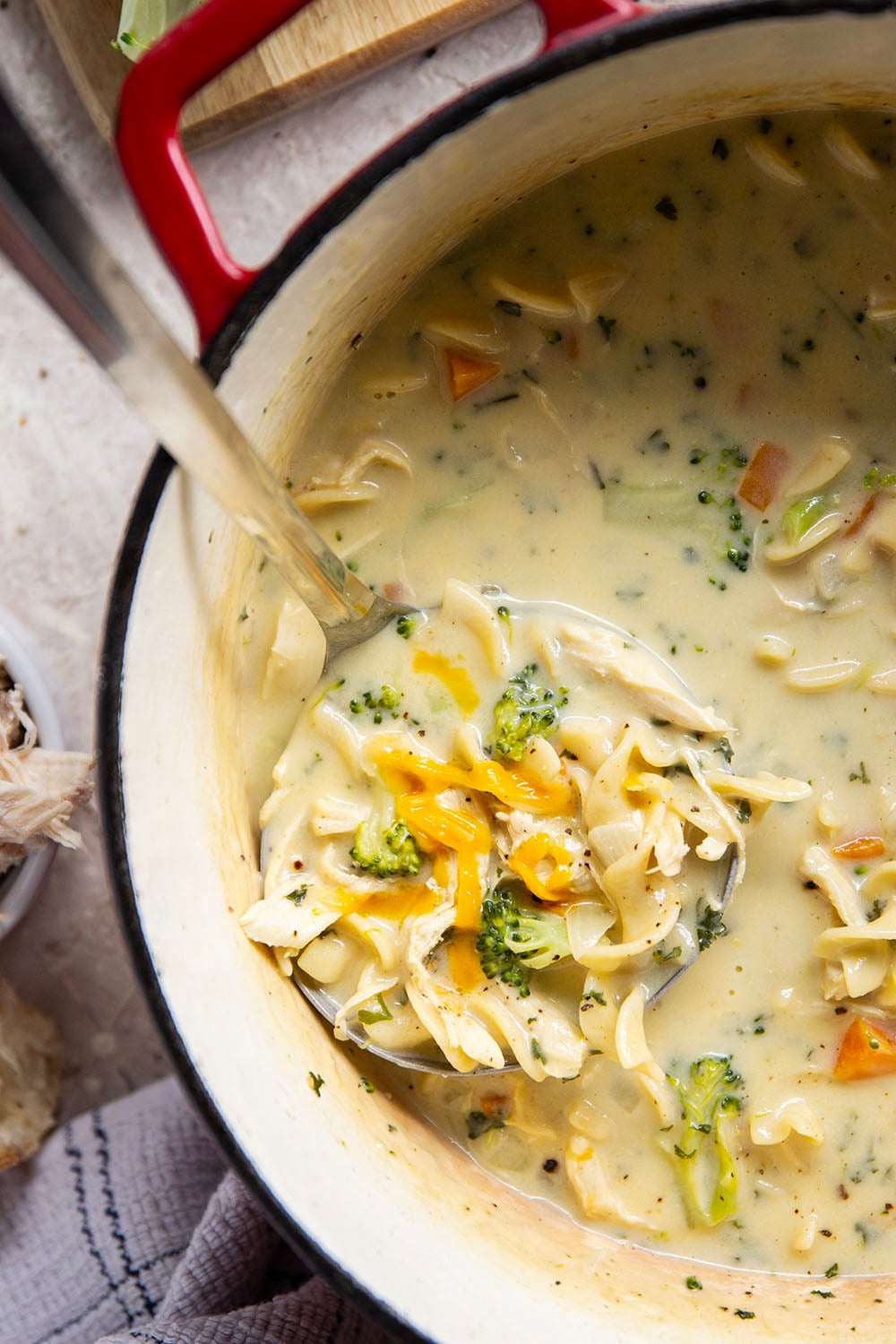 Classic broccoli cheddar soup and chicken noodle soup collide in this creamy, cheesy broccoli cheddar noodle soup that comes together in minutes with leftover chicken in only one pot.