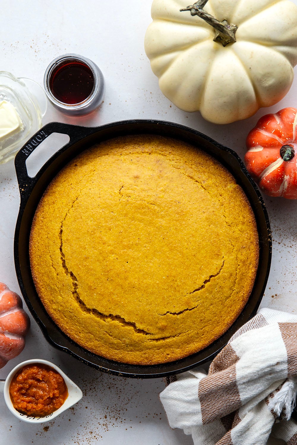 Plenty of fall spices and pumpkin collide in this soft and perfectly spiced pumpkin cornbread that pairs like a dream with a bowl of chili!