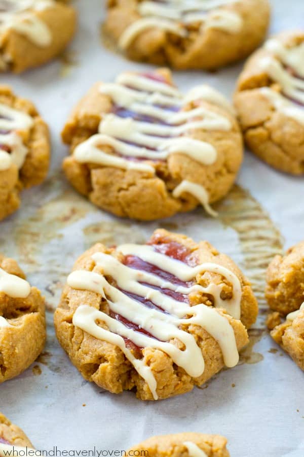 White Chocolate Peanut Butter And Jelly Thumbprint Cookies