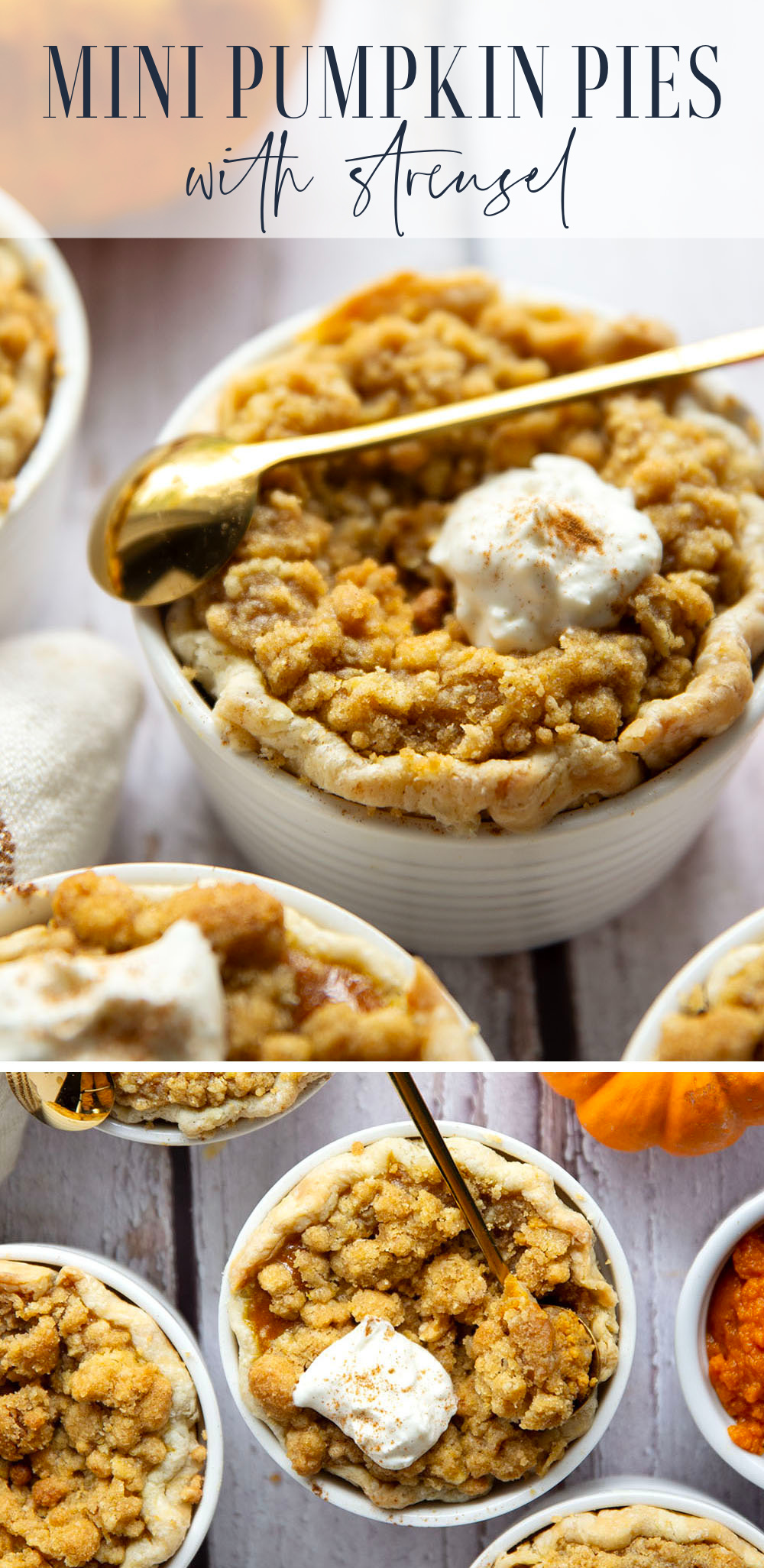 Loaded with buttery streusel on top of silky pumpkin filling, these mini pumpkin pies are the perfect way to get your pumpkin pie fix in personal-sized form!