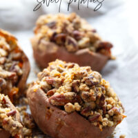Piled high with buttery pecan streusel and baked twice to perfection, these twice-baked sweet potatoes will be the biggest hit of your Thanksgiving dinner!