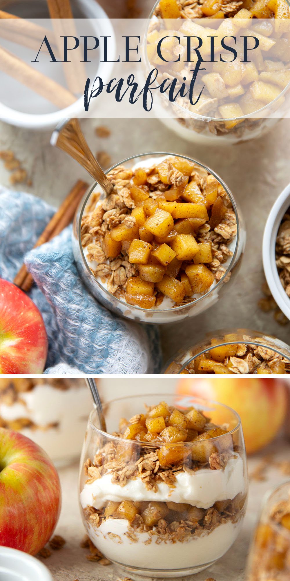Add a little fun to your fall breakfast, with these apple crisp parfaits! They whip up in less than 10 minutes and are layered with crunchy granola, caramelized apples, and creamy vanilla yogurt.