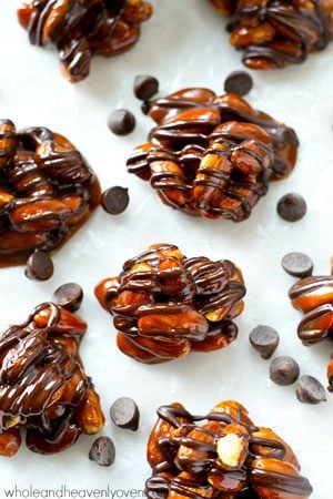 Roasted almonds, dark chocolate, and homemade caramel come together in these dark chocolate caramel almond clusters that whip up in minutes for whenever that sweet tooth craving hits!