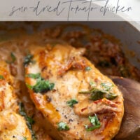 Flavorful white wine and tender sun-dried tomatoes make for a luxuriously creamy sauce in this white wine sun-dried tomato chicken that comes together in minutes and is fantastic served over angel hair.