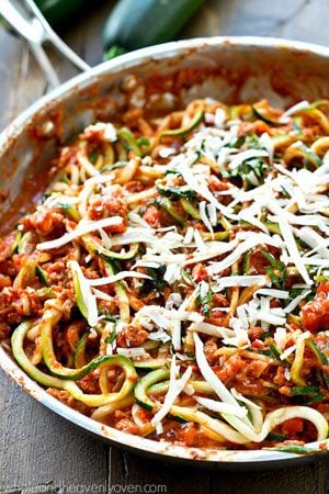 Classic Italian-style bolognese sauce made lighter with ground turkey and zucchini noodles! This one-pan dinner is loaded with an unbelievable amount of flavor.