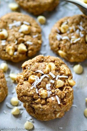 These ultimately-chewy oatmeal cookies are a texture-lover's DREAM! Lots of coconut, oats, nuts, and white chocolate all wrapped up into one addicting cookie.