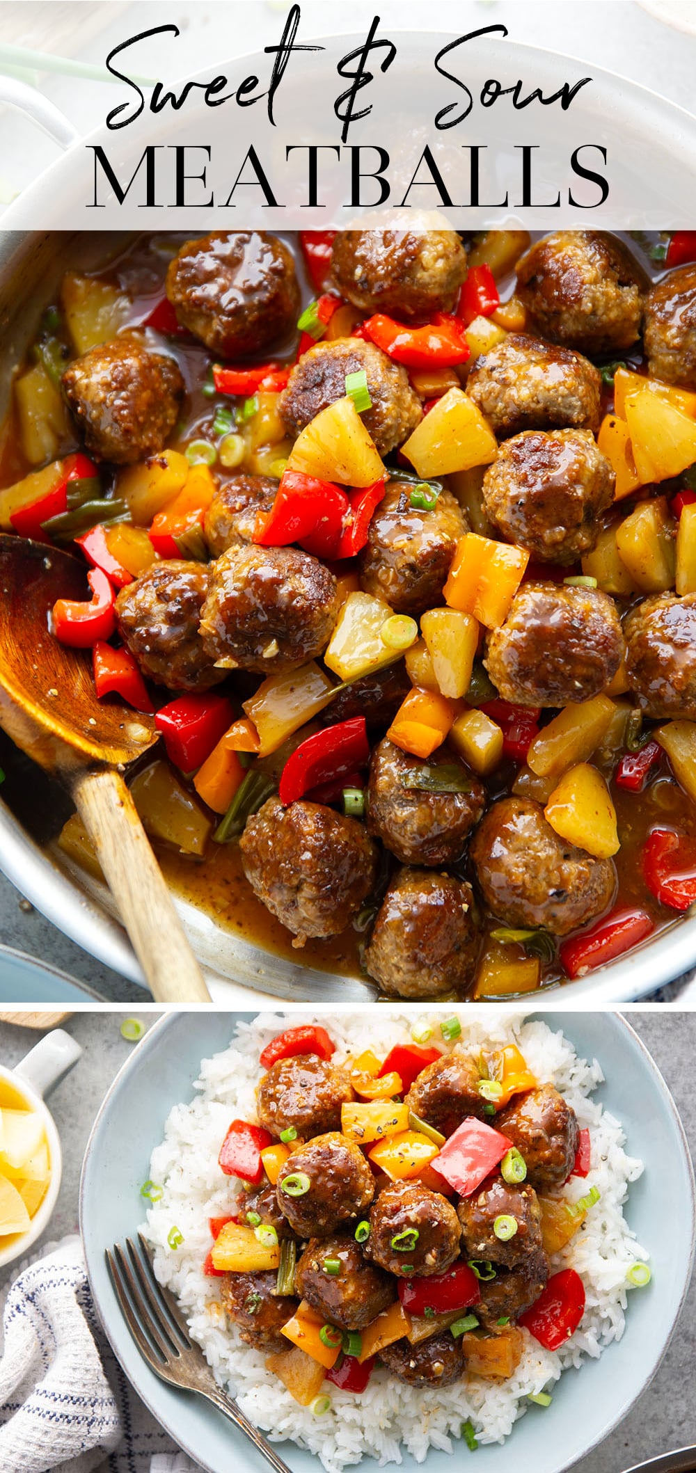 A homemade sweet and sour sauce coats every inch of these juicy sweet and sour meatballs that cook up with colorful peppers and sweet pineapple all in one pan.
