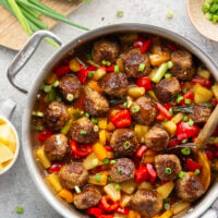 A homemade sweet and sour sauce coats every inch of these juicy sweet and sour meatballs that cook up with colorful peppers and sweet pineapple all in one pan.