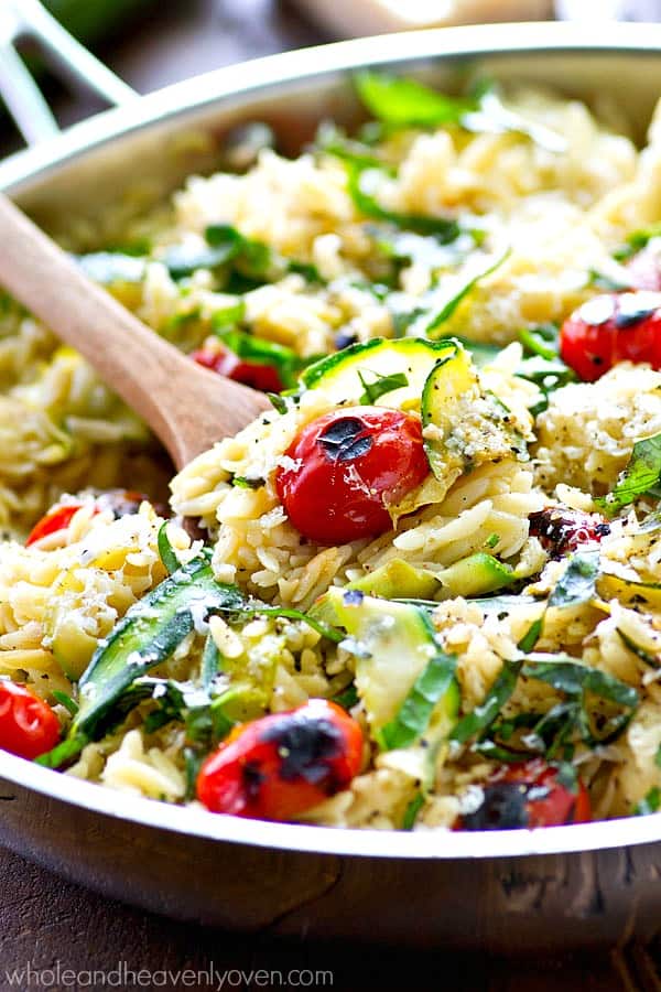 Charred Cherry Tomato Orzo with Zucchini Ribbons