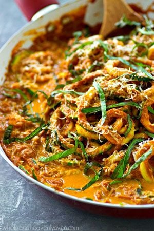 These easy one-pan zucchini noodles are covered in the most AMAZING flavorful sun-dried tomato alfredo sauce and you won't believe they're ready for the dinner table in only 20 minutes!