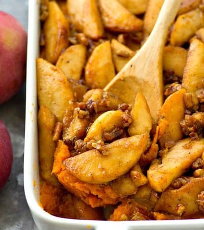 Sweet potato casserole gets an incredible makeover with this SUPER-easy version that features tons of tender caramelized apples piled on top.---Everyone will want seconds of this winner casserole!