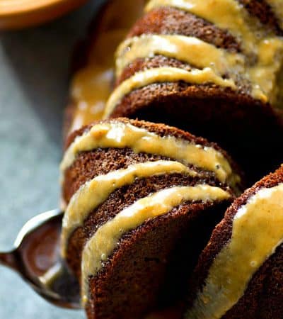 Classic chocolate bundt cake gets a healthy makeover by using greek yogurt! This stunning cake is ultimately chocolate-y and moist inside and drizzled with an amazing peanut butter glaze!