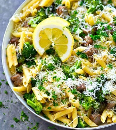 Loaded with sausage, flavorful roasted broccoli and tons of lemon and Parmesan cheese, this 20-minute penne skillet is going to quickly become a dinner regular it's so easy and so good!