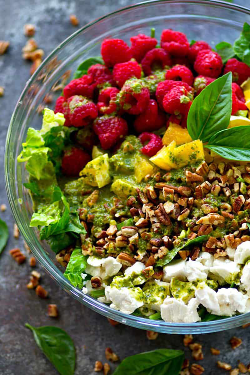 Raspberry Pecan Goat Cheese Salad with Basil Vinaigrette