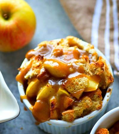 French toast made SO easy and personal-sized! This caramel apple french toast bake is made the night before for ultimate ease the next morning! The secret is in the homemade caramel sauce.