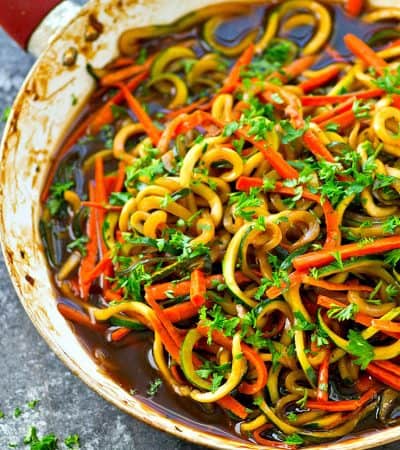 Made-from-scratch teriyaki sauce transforms this one-pot veggie noodles skillet into a flavorful and sneakily-healthy dinner side! You won't even miss the regular noodles.