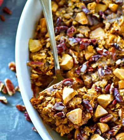 You'll find all the apple pie fixins' in this decadent glazed baked oatmeal! Tender apples, crunchy pecans, and sweet glaze make it the ultimate (and easiest!) morning oatmeal.