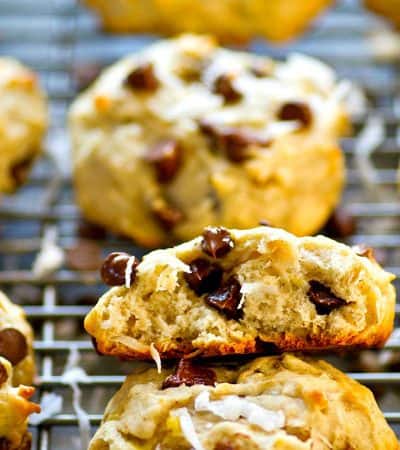 Soft, cake-like banana bread chocolate chip coconut breakfast cookies have a texture that's a dead ringer for banana bread all rolled up into one incredible breakfast cookie!