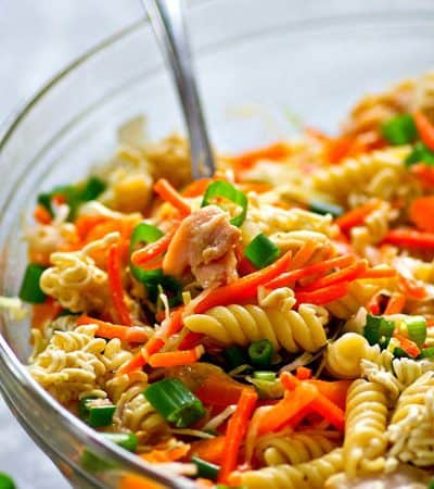 Loaded with zingy Asian flavors and SO full of fresh goodness, this Asian chicken crunch pasta salad has an INSANE crunch texture you will be obsessed with!