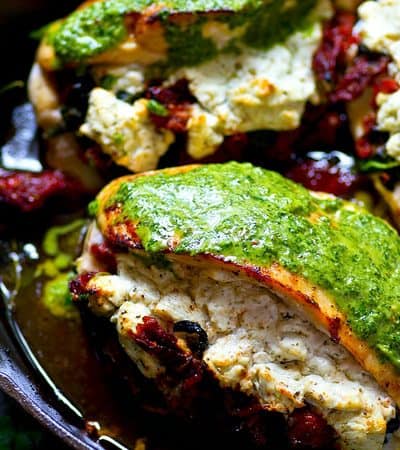 This sun-dried tomato goat cheese stuffed chicken is packed with tender sun-dried tomatoes and spinach, creamy goat cheese, and drizzled with an INSANELY flavorful chimichurri sauce.
