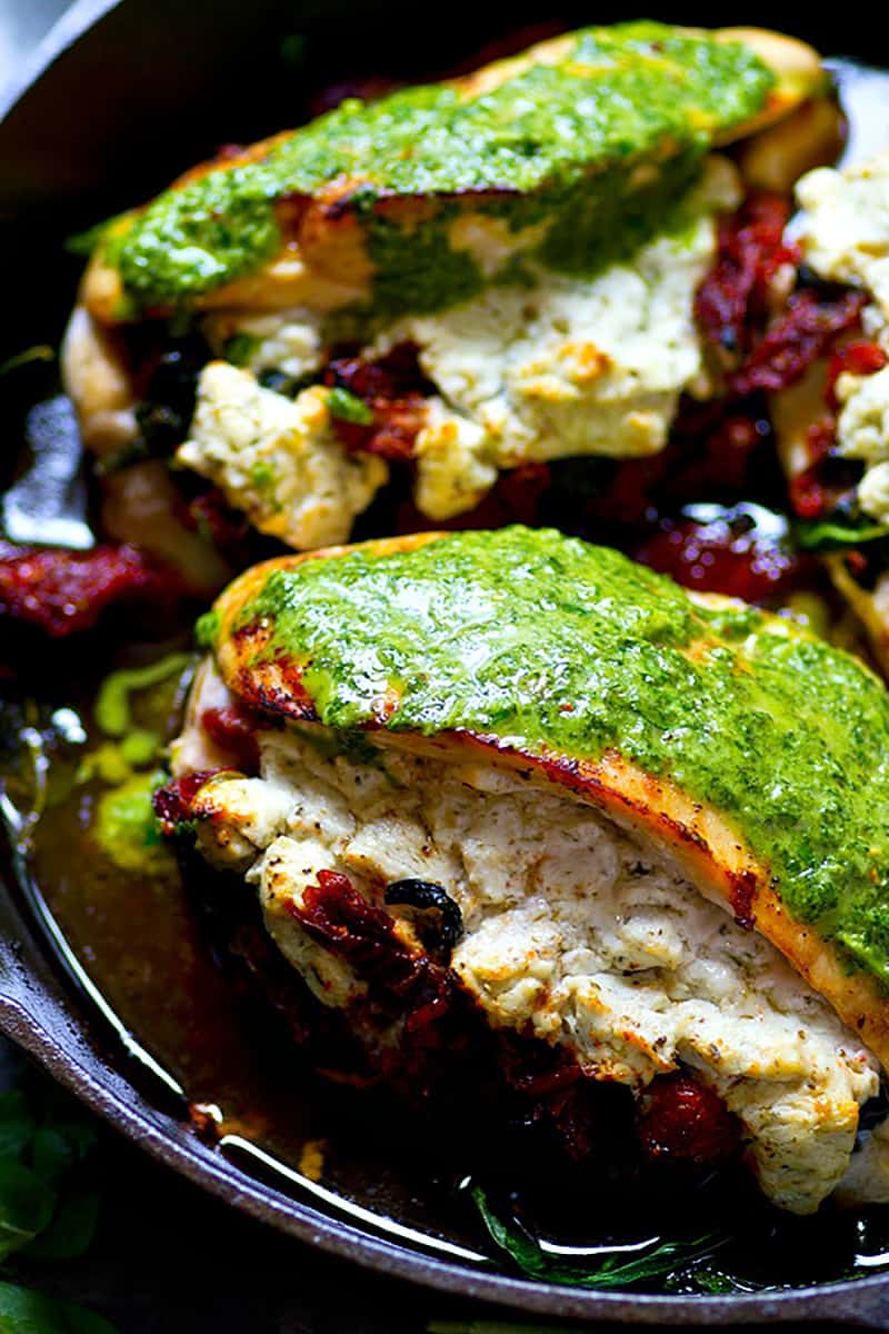 SunDried Tomato Goat Cheese Stuffed Chicken with Chimichurri Sauce