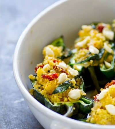 Stuffed to capacity with soft goat cheese, tender couscous, and flavorful sun-dried tomatoes, these stuffed poblano peppers are a cinch to put on the dinner table and PACKED with flavor!