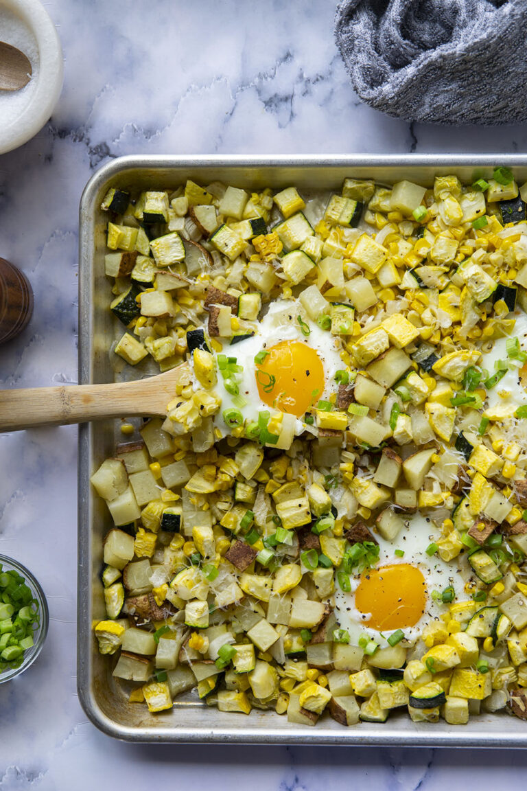 Sheet Pan Sweet Corn Summer Squash Breakfast Hash